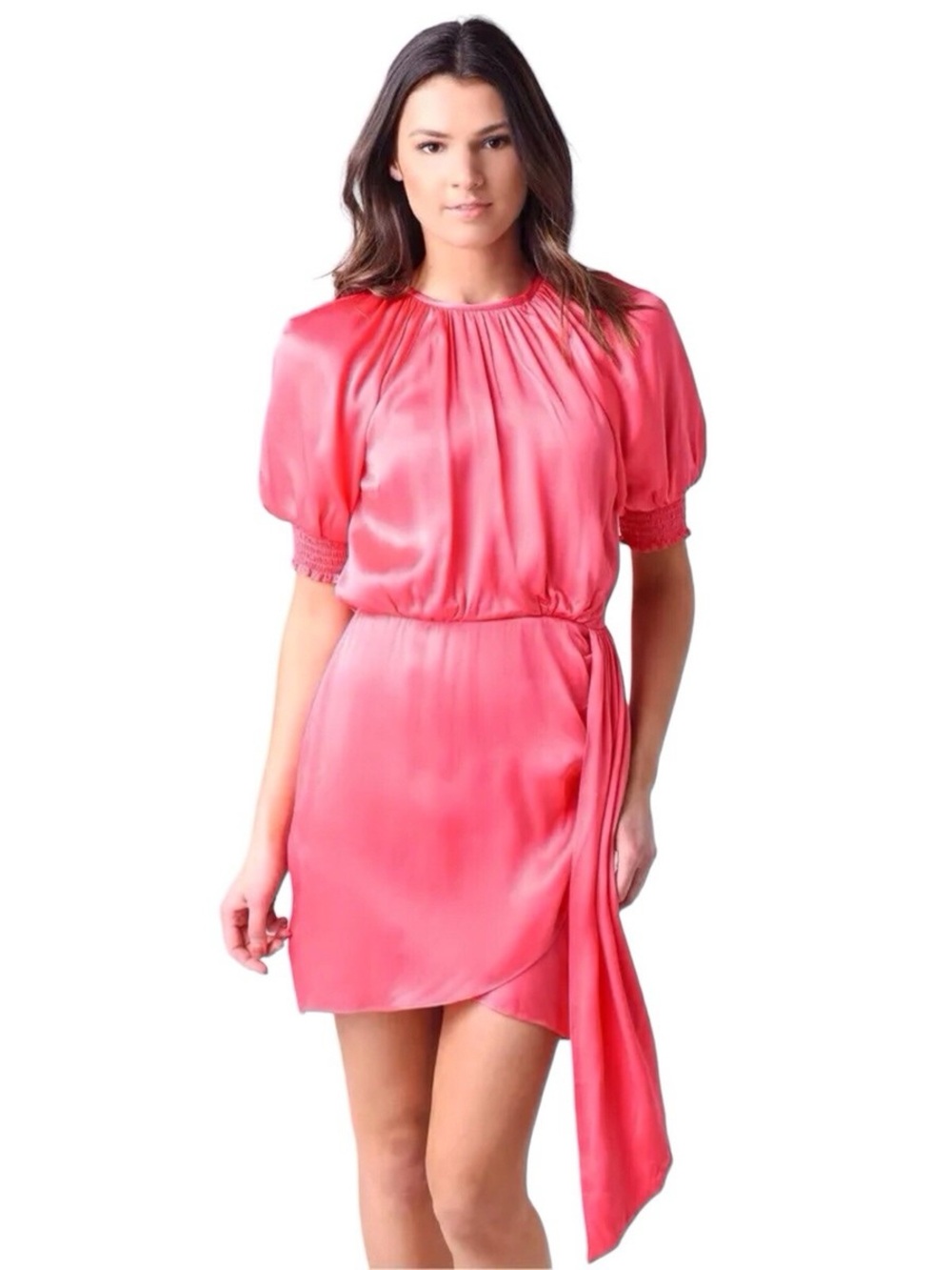 Saylor Zulu Pink Satin Feel Puff Sleeve Wrap Mini Dress S